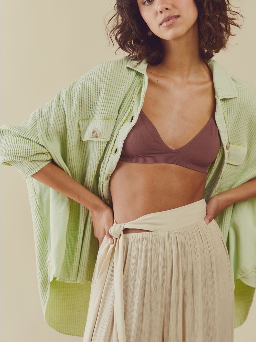 Free people Light Green Waffle-Knit Button Shirt Jacket